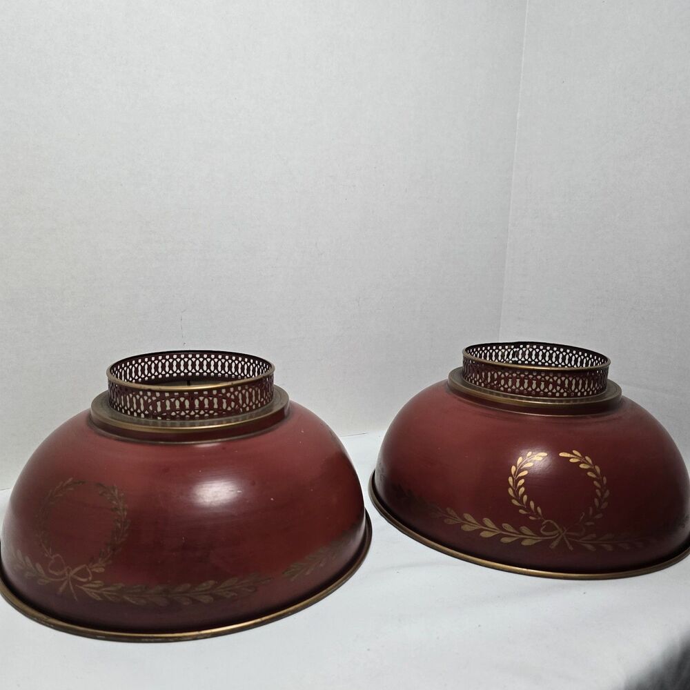 Vintage Pair 10" Metal Lampshades Toleware Tole Red Brass Crown Gold Greek Leaf
